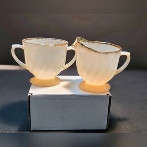 Fire King Creamer And Sugar Bowl Set Gold Trim White Milk Glass Vintage 2 Piece